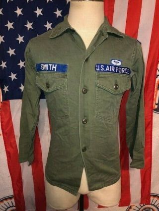 Vtg Vietnam Air Force Sateen Utility Shirt Sm Military Green Fatigue Trooper Usa