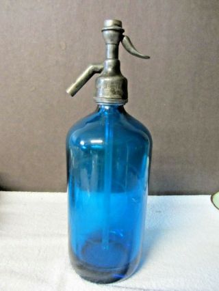 Vintage Blue Glass Seltzer Bottle H.  Levine Jersey City N.  J.  Healthful Seltzer 3