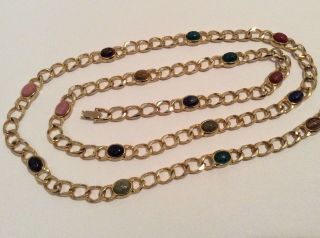 Vintage Gold Tone Scarab Multi Semi Precious Gemstones Necklace 33”