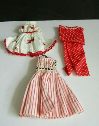 Vtg Vogue Jill Doll Outfit Red Rose Dress,  Pink Stripe Dress,  Polka Dot Pj 