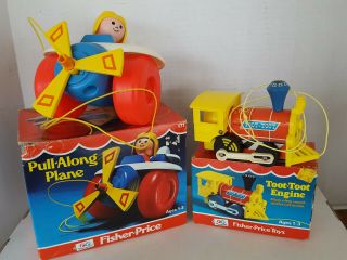 Two Vtg Fisher Price Toot Toot Engine & Pull Along Plane W Boxes Not Played With