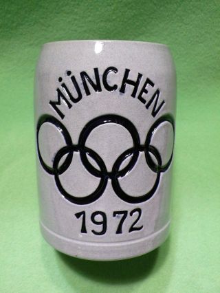 Vintage 1972 Summer Olympics Souvenir Stein.  Deep Raised Relief Etched Text.