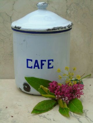 French Vintage Enamel Canister Caddy Spices " Cafe " Storage Container Coffee