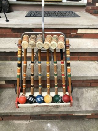 Vintage Early South Bend Lawnplay Wooden Croquet Set Wheeled Stand Striped Balls