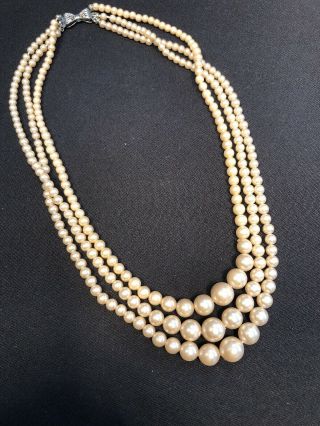 Vintage Cream White Pearl Necklace 3 Strand Imitation Pearl Bow Clasp