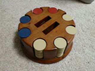 Vintage Solid Wood Poker Chip Rack / Caddy With 168 1.  5 " U.  S.  Clay Chips