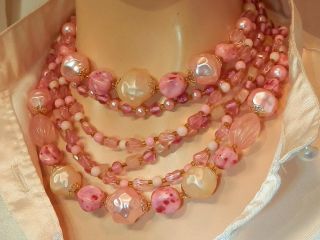 Wow Wow 6 Strand Pink Art Glass Lucite Vintage 1950 