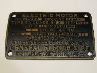 Vintage General Electric Ge Electric Motor Brass Plaque