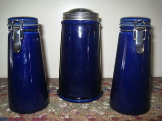 Vtg Bee House Porcelain Cobalt Blue Shaker Set Salt Pepper Sugar Japan