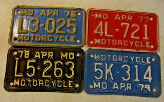 Vintage Missouri Motorcycle License Plates - Set Of 4 - 1976 1977 1978 1979