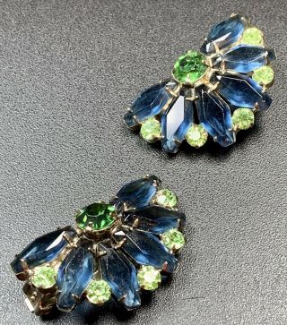 Vintage Juliana Style Clip On Earrings Large Blue & Green Peridot Rhinestones
