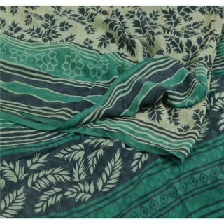 Sanskriti Vintage Green Saree Pure Crepe Silk Floral Printed Sari Craft Fabric