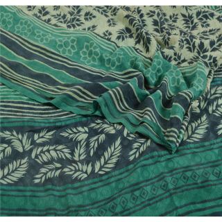 Sanskriti Vintage Green Saree Pure Crepe Silk Floral Printed Sari Craft Fabric 2