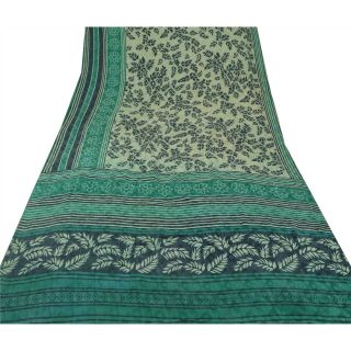 Sanskriti Vintage Green Saree Pure Crepe Silk Floral Printed Sari Craft Fabric 3