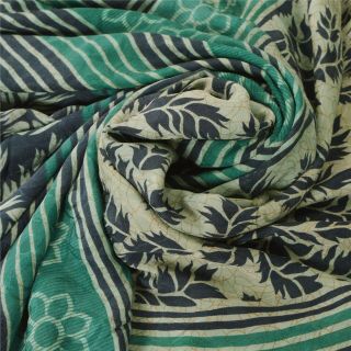 Sanskriti Vintage Green Saree Pure Crepe Silk Floral Printed Sari Craft Fabric 4