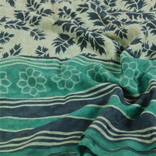 Sanskriti Vintage Green Saree Pure Crepe Silk Floral Printed Sari Craft Fabric 5
