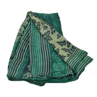 Sanskriti Vintage Green Saree Pure Crepe Silk Floral Printed Sari Craft Fabric 6