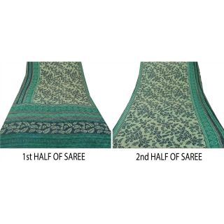 Sanskriti Vintage Green Saree Pure Crepe Silk Floral Printed Sari Craft Fabric 7