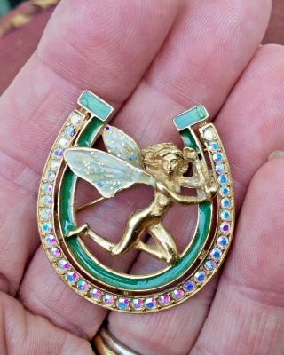 Vintage Jewellery Signed Kirks Folly Fairy Brooch Crystal Horseshoe Gold Green