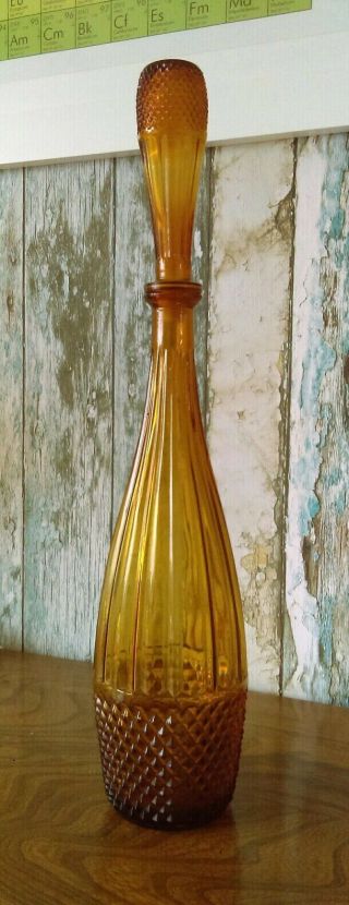Tall Vintage Retro Italian Amber Art Glass Genie Bottle Empoli Elongated Stopper