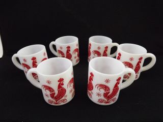 Vintage Hazel Atlas Red Rooster Milk Glass Stacking Mugs Coffee Cups Qty - 6