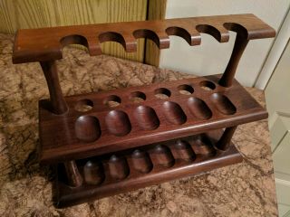 Vintage Mcm Walnut Wood Decatur 2 Tier Pipe Stand Rack Holds 12 Tobacco Pipes