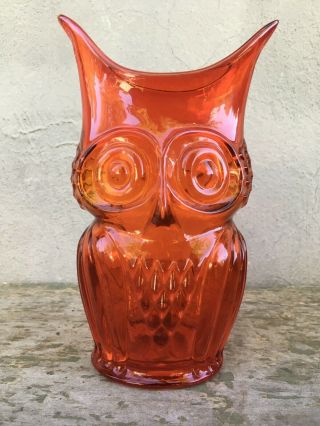 Viking Rainbow Orange Glass Owl Mid Century Modern 8.  5” Vase Vintage Usa
