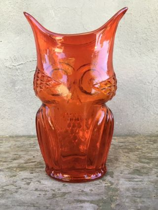 VIKING Rainbow ORANGE GLASS OWL Mid Century Modern 8.  5” VASE Vintage USA 2