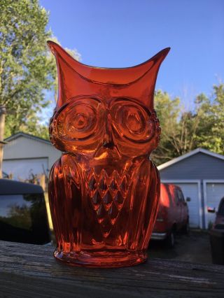 VIKING Rainbow ORANGE GLASS OWL Mid Century Modern 8.  5” VASE Vintage USA 6