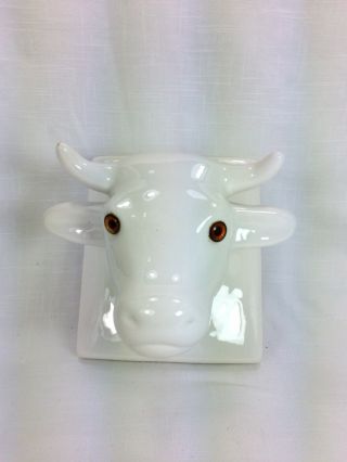 Vintage Large White Himark Ceramic Cow Bull Head Towel Apron Holder Farmhouse