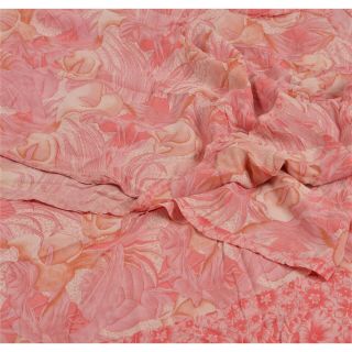 Sanskriti Vintage Pink Saree Pure Crepe Silk Printed Sari Craft Decor Fabric