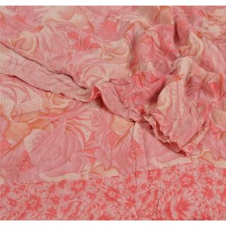 Sanskriti Vintage Pink Saree Pure Crepe Silk Printed Sari Craft Decor Fabric 2