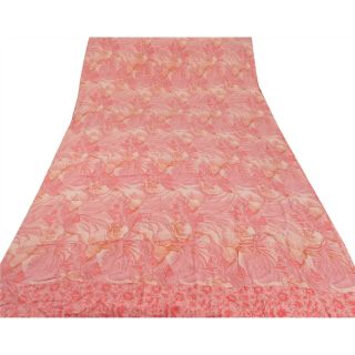 Sanskriti Vintage Pink Saree Pure Crepe Silk Printed Sari Craft Decor Fabric 3