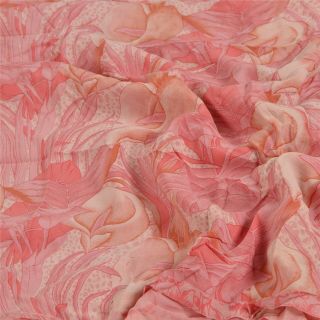 Sanskriti Vintage Pink Saree Pure Crepe Silk Printed Sari Craft Decor Fabric 5