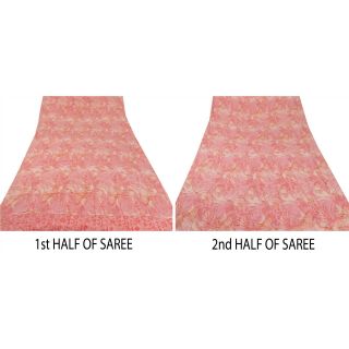 Sanskriti Vintage Pink Saree Pure Crepe Silk Printed Sari Craft Decor Fabric 7
