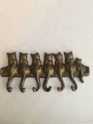Vintage Brass Cat Feline Key Hook Holder Rack Wall Mount