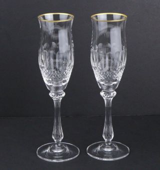 2 Vintage Mikasa Gold Crown Cut Crystal Champagne Flutes Goblets Glasses Gold