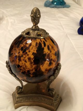 Vintage Leopard Crystal Ball With Brass Top On 3 Floral Legs Brass Stand Bombay