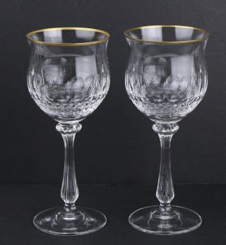 2 Vintage Mikasa Gold Crown Cut Crystal Wine Glasses Goblets Gold Rim Thumbnail