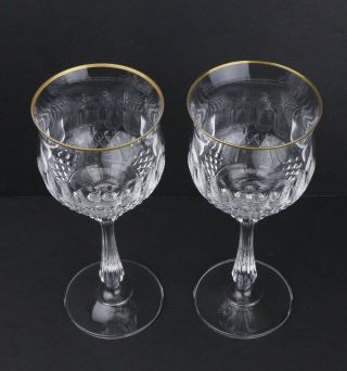 2 Vintage MIKASA Gold Crown Cut Crystal Wine Glasses Goblets Gold Rim Thumbnail 2