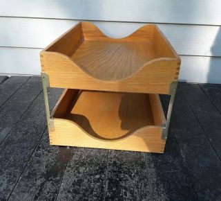 Vintage Wood Brass 2 Tray Desk Organizer In/out Box Finger Joints Double Letter