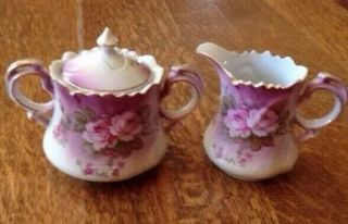 Vintage Lefton China Heritage Rose Pink Sugar Bowl & Creamer Set Handpainted