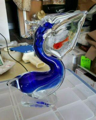 Vintage Murano Cobalt Blue Handblown Art Glass Pelican With Fish