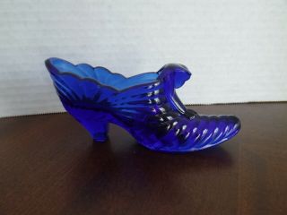 Vintage Fenton Glass Cat In Shoe Slipper Drapery Design Cobalt Blue Shoe Marked