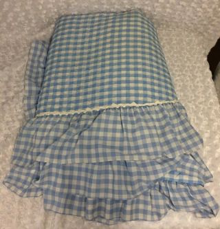 Twin Blue White Quilted Comforter Bedspread Vintage Gingham Ruffle 1970s