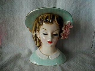 As - Is Vintage Napco Lady Head Vase Japan C45540 1960 6 " Blur Hat Dress