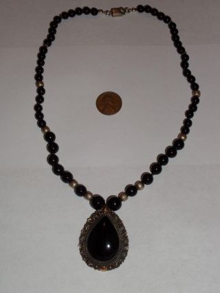 Vintage 18 " Onyx Sterling Silver Necklace & Pendant Brooch 18k Mexico