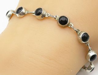 925 Sterling Silver - Vintage Black Onyx Round Link Smooth Chain Bracelet - B4867