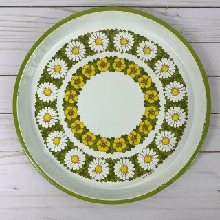 Vintage Pat Albeck Metal Tray Platter Green White Yellow Floral Daisy