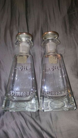 2 Vintage Oil&vinegar French Dressing Etched Glass Bottle Cruet/sterling Stopper